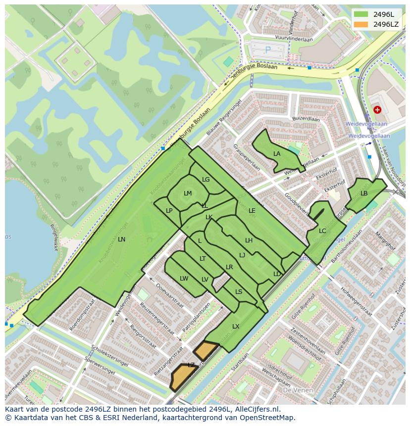 Afbeelding van het postcodegebied 2496 LZ op de kaart.