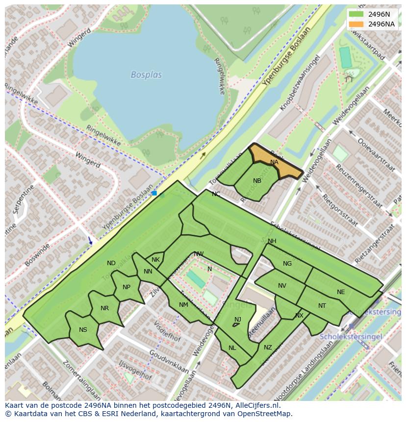 Afbeelding van het postcodegebied 2496 NA op de kaart.