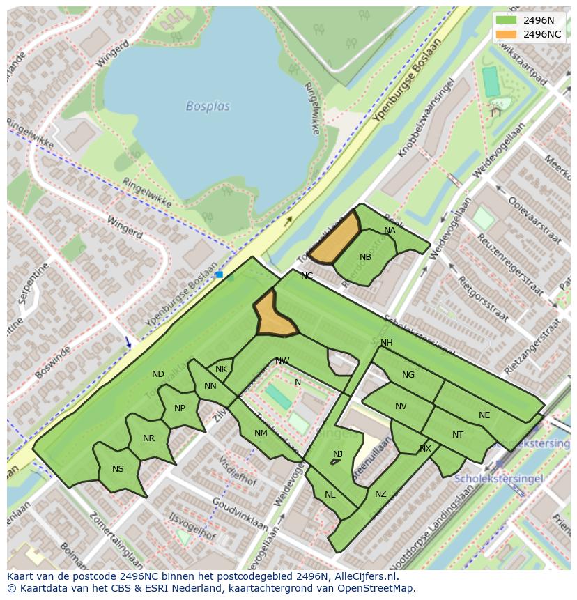 Afbeelding van het postcodegebied 2496 NC op de kaart.