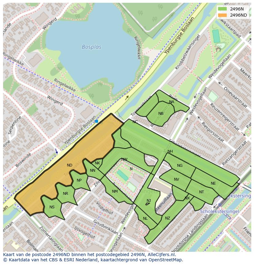 Afbeelding van het postcodegebied 2496 ND op de kaart.