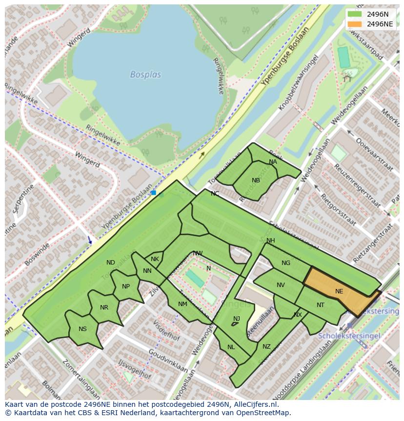 Afbeelding van het postcodegebied 2496 NE op de kaart.