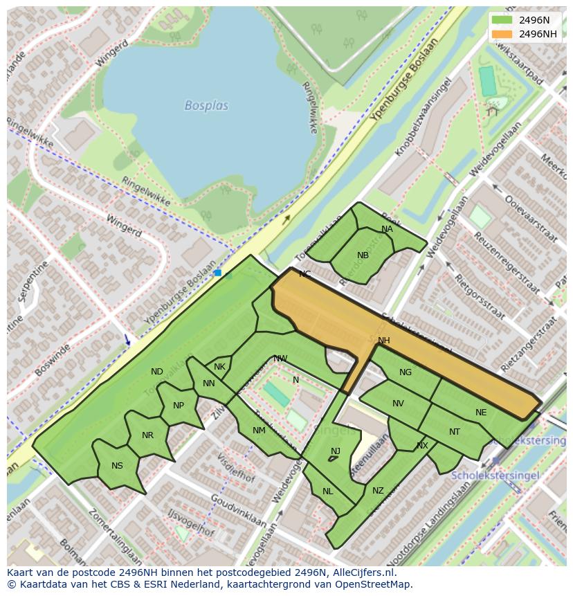 Afbeelding van het postcodegebied 2496 NH op de kaart.