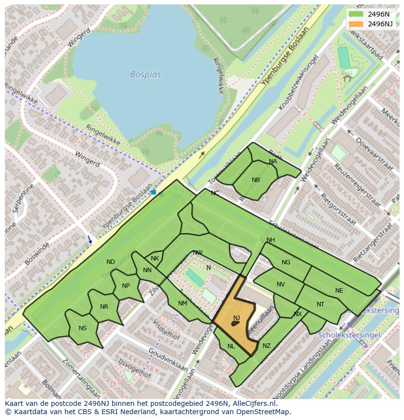 Afbeelding van het postcodegebied 2496 NJ op de kaart.