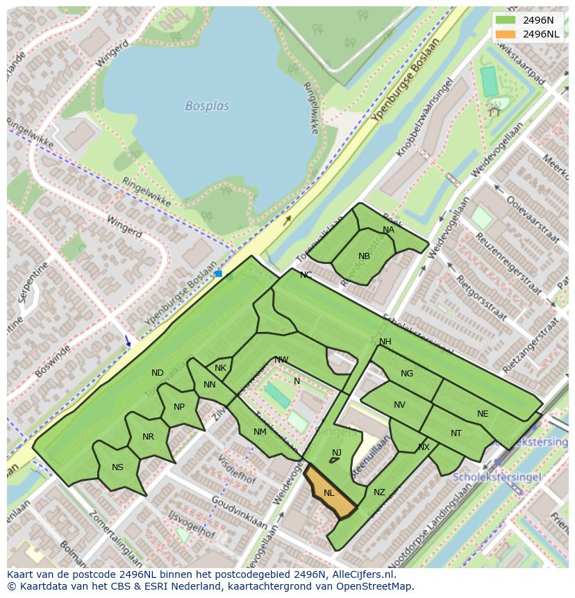 Afbeelding van het postcodegebied 2496 NL op de kaart.