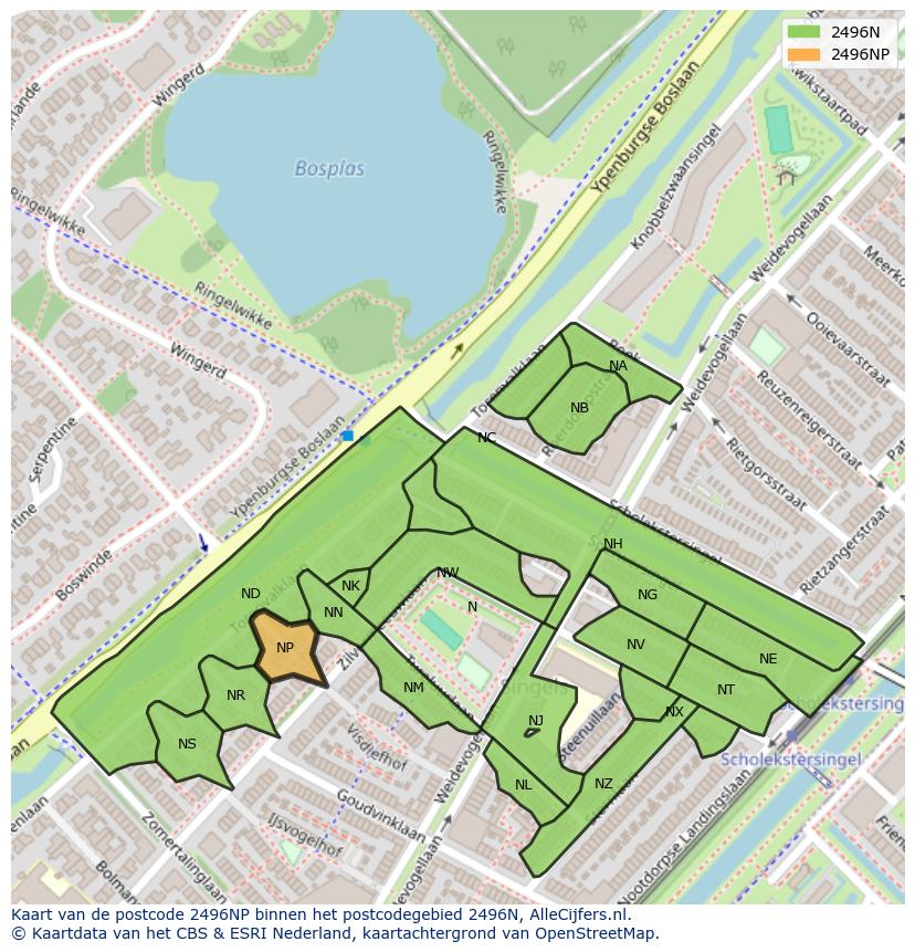 Afbeelding van het postcodegebied 2496 NP op de kaart.