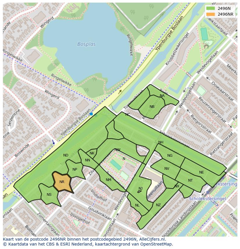 Afbeelding van het postcodegebied 2496 NR op de kaart.