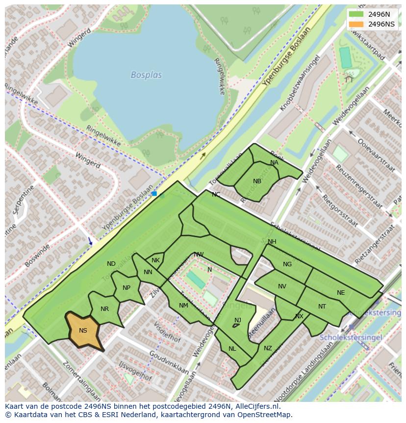 Afbeelding van het postcodegebied 2496 NS op de kaart.