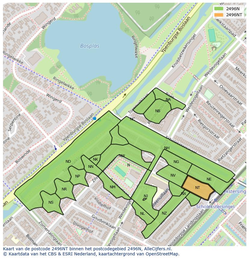 Afbeelding van het postcodegebied 2496 NT op de kaart.