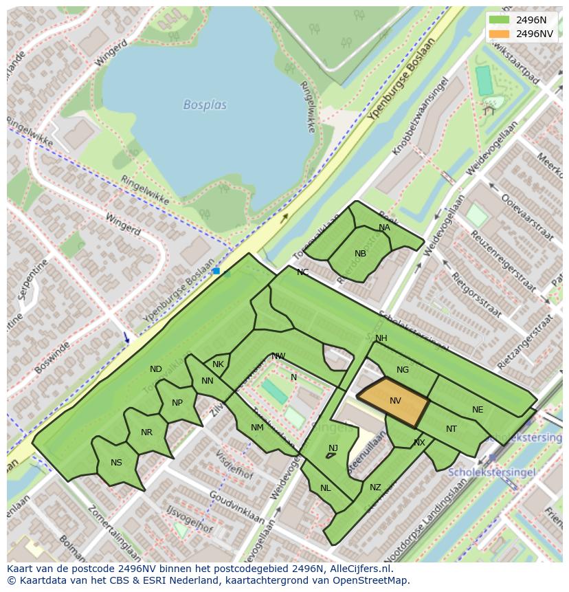 Afbeelding van het postcodegebied 2496 NV op de kaart.