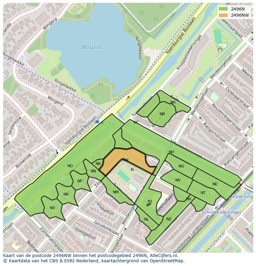 Afbeelding van het postcodegebied 2496 NW op de kaart.
