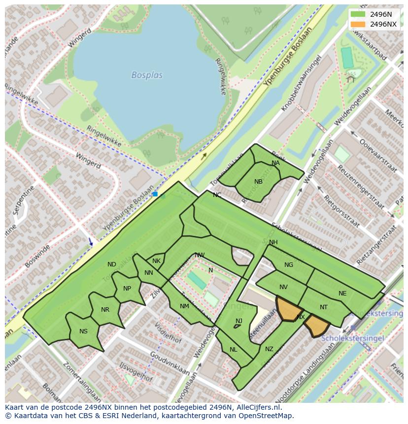 Afbeelding van het postcodegebied 2496 NX op de kaart.