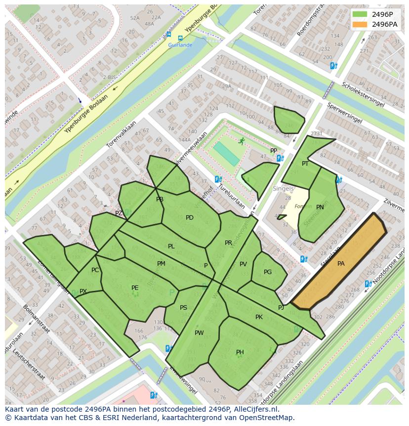 Afbeelding van het postcodegebied 2496 PA op de kaart.