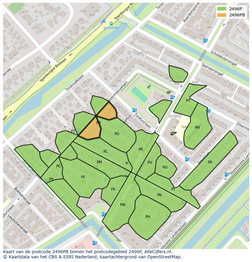Afbeelding van het postcodegebied 2496 PB op de kaart.