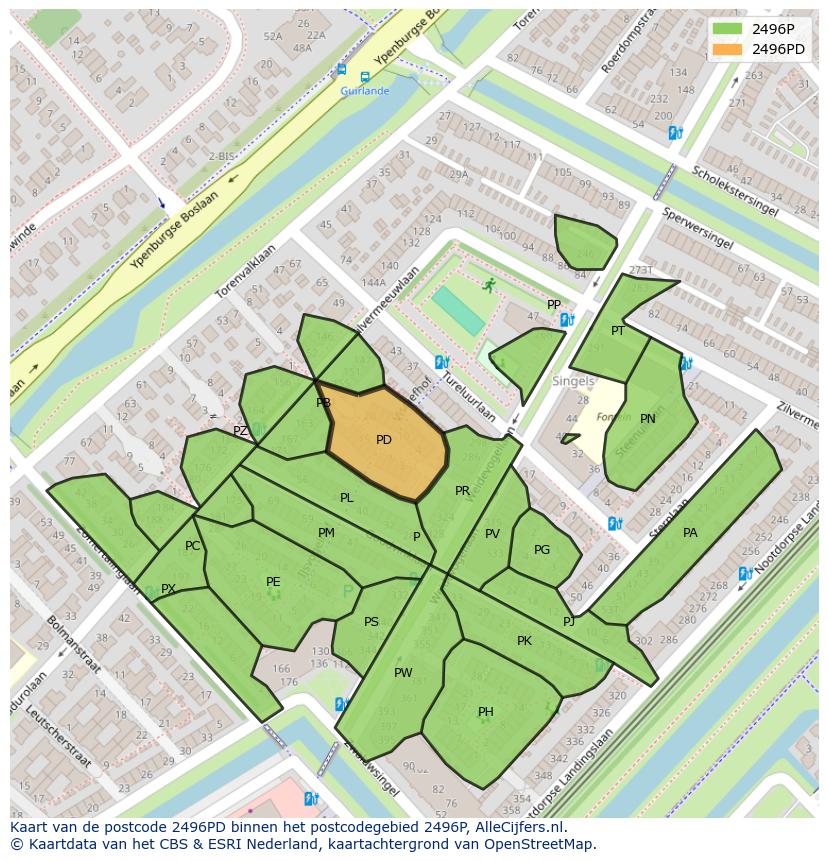 Afbeelding van het postcodegebied 2496 PD op de kaart.