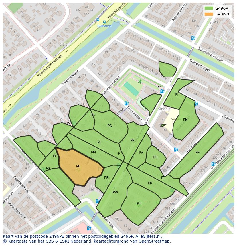 Afbeelding van het postcodegebied 2496 PE op de kaart.
