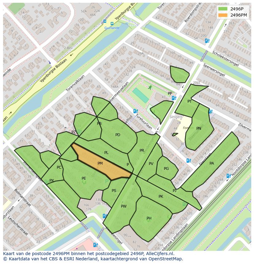 Afbeelding van het postcodegebied 2496 PM op de kaart.
