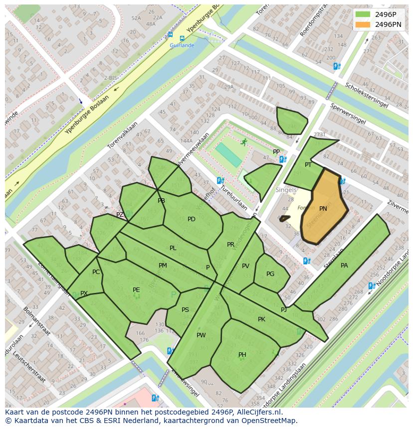 Afbeelding van het postcodegebied 2496 PN op de kaart.