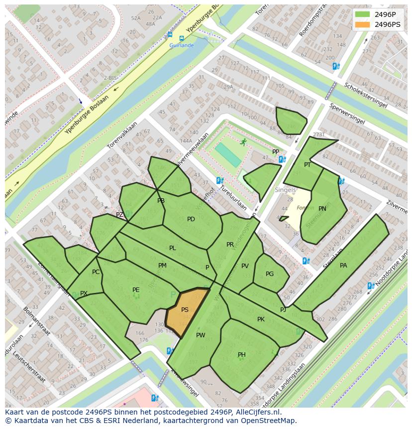 Afbeelding van het postcodegebied 2496 PS op de kaart.