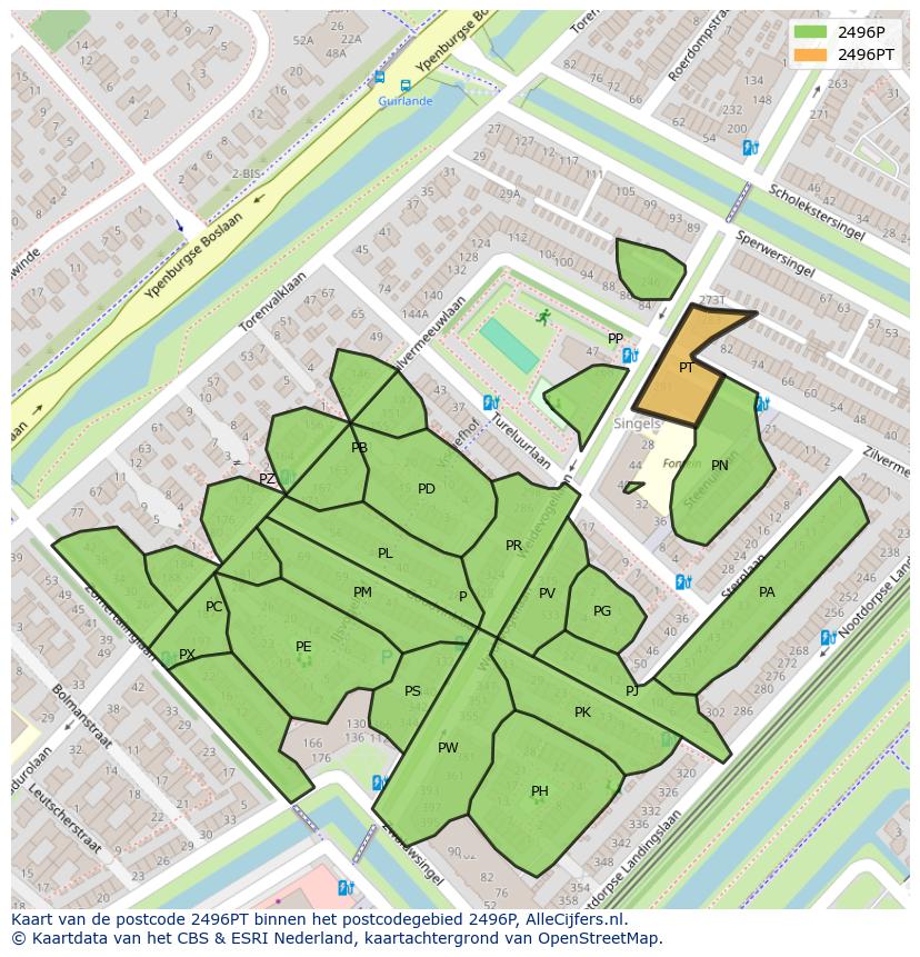 Afbeelding van het postcodegebied 2496 PT op de kaart.