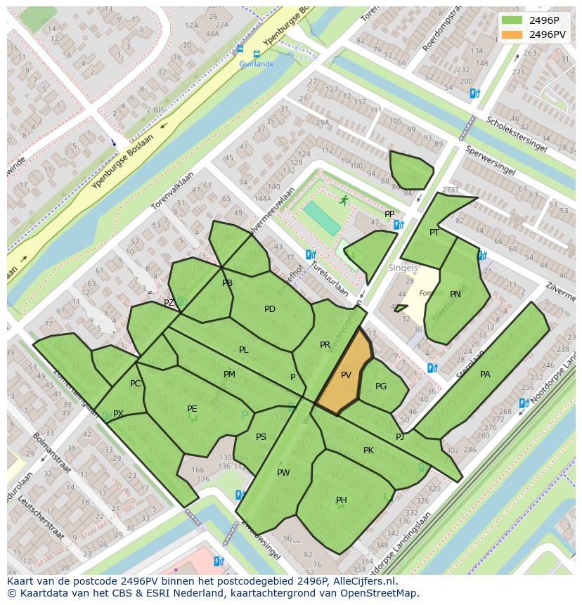 Afbeelding van het postcodegebied 2496 PV op de kaart.