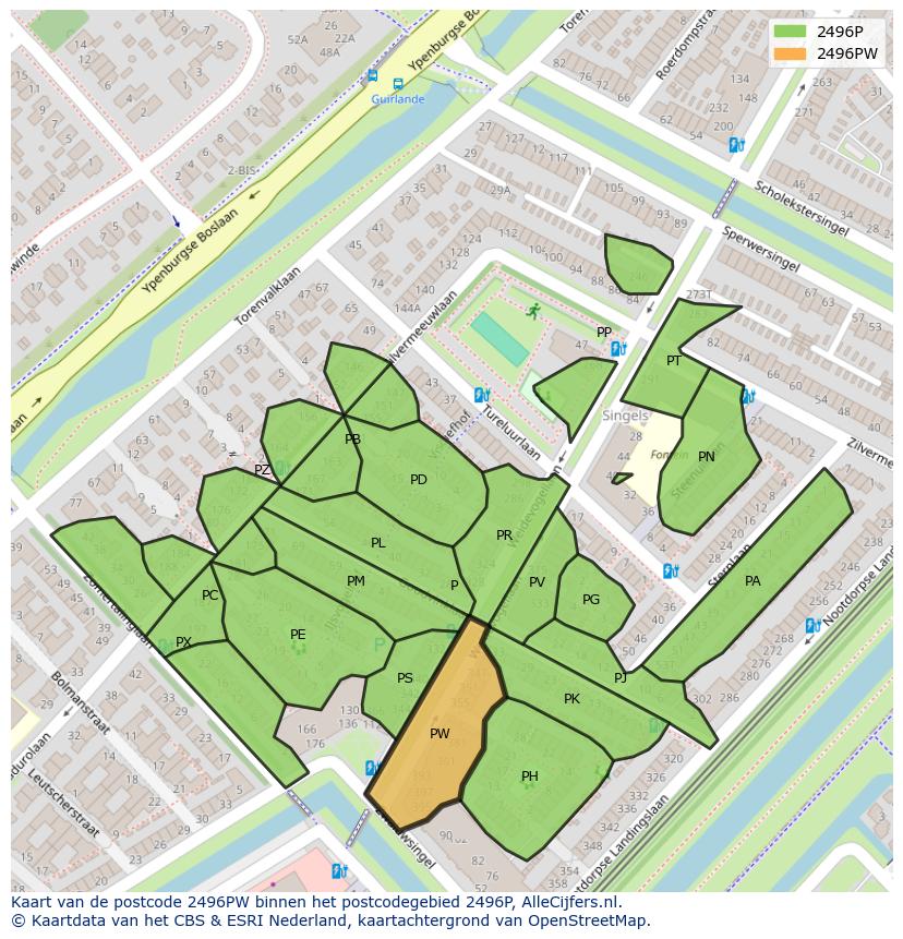 Afbeelding van het postcodegebied 2496 PW op de kaart.