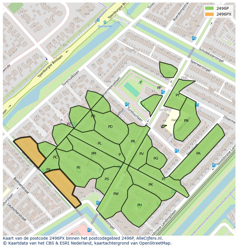Afbeelding van het postcodegebied 2496 PX op de kaart.