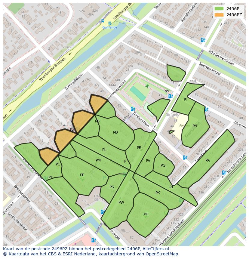 Afbeelding van het postcodegebied 2496 PZ op de kaart.
