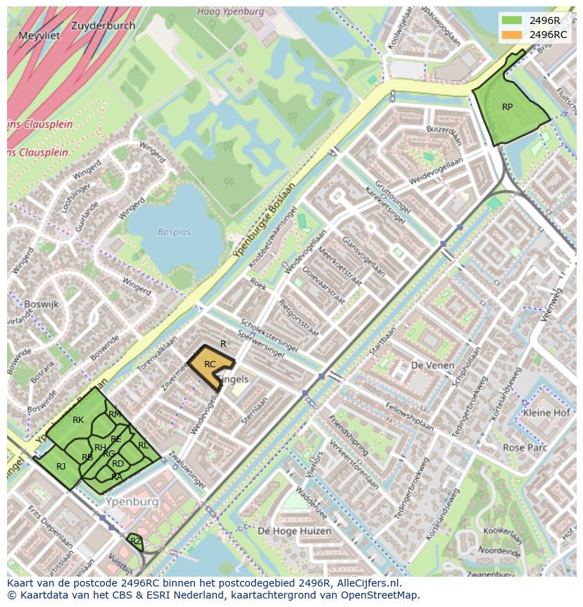 Afbeelding van het postcodegebied 2496 RC op de kaart.