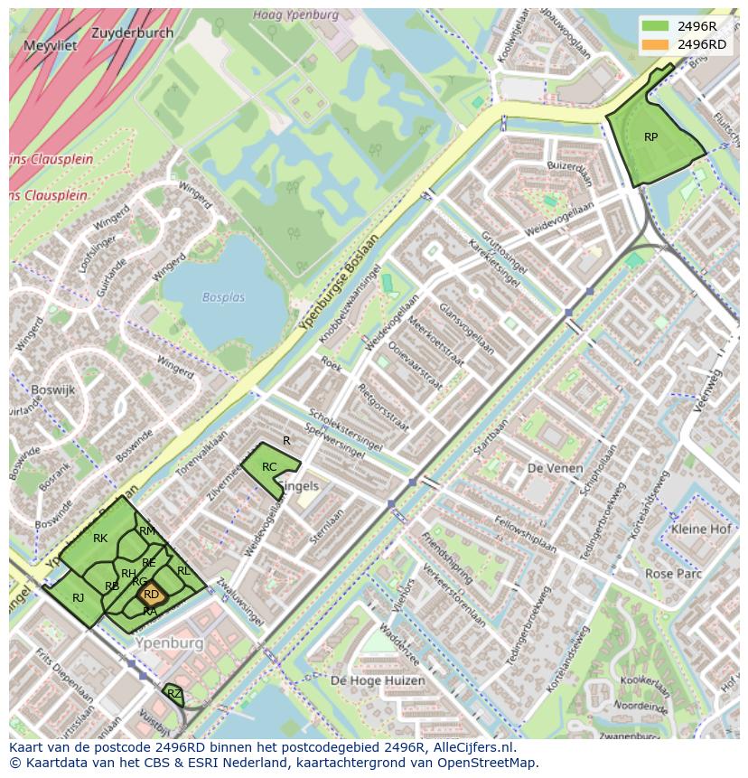 Afbeelding van het postcodegebied 2496 RD op de kaart.