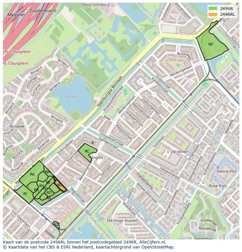 Afbeelding van het postcodegebied 2496 RL op de kaart.