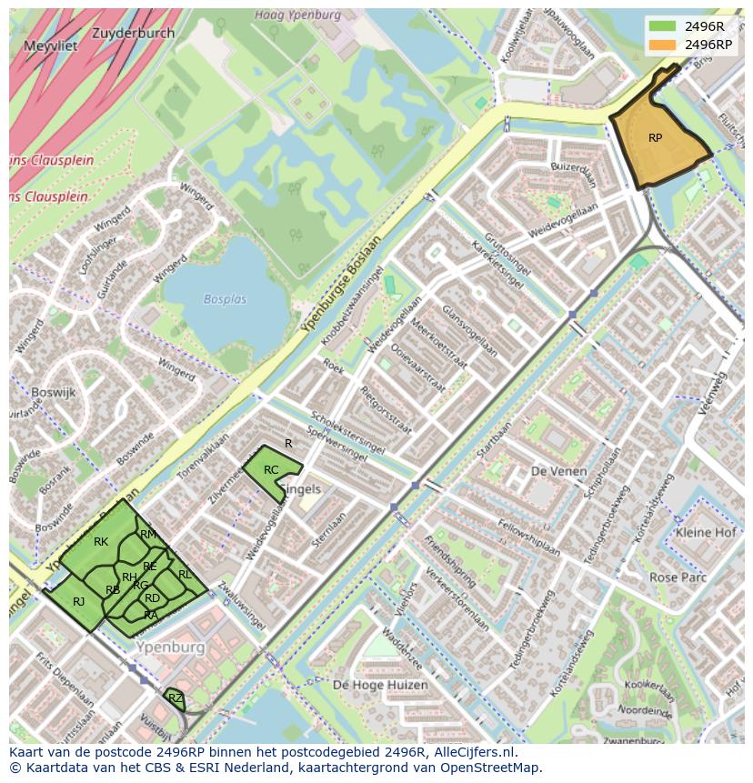Afbeelding van het postcodegebied 2496 RP op de kaart.
