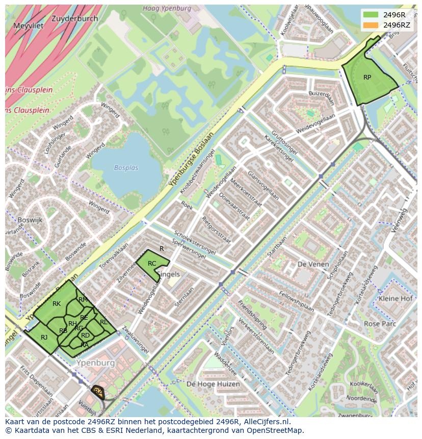 Afbeelding van het postcodegebied 2496 RZ op de kaart.