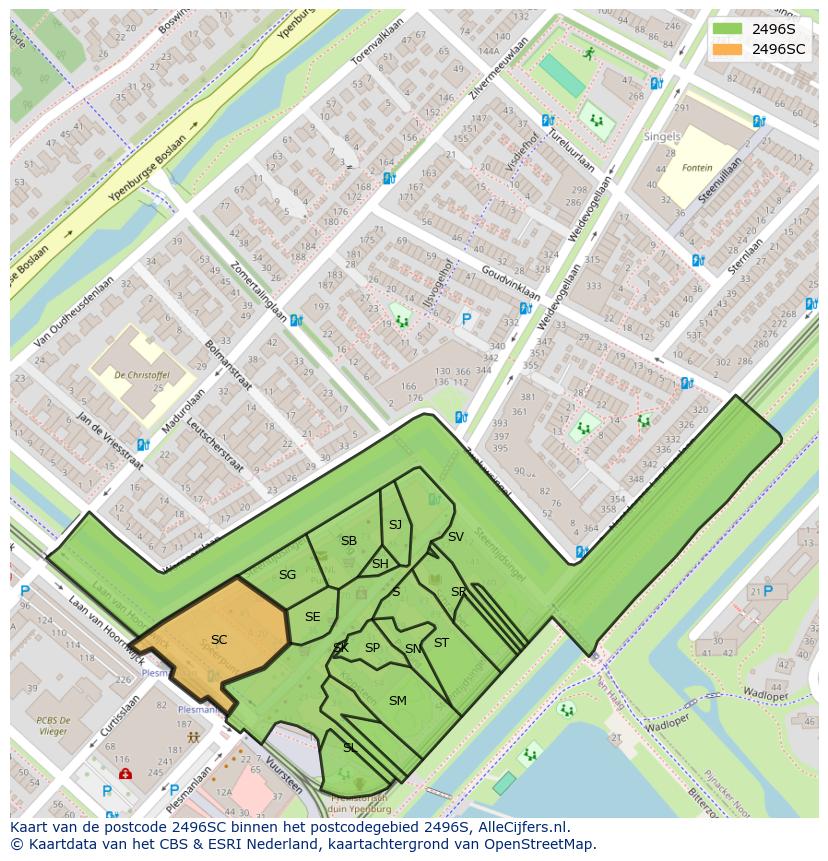 Afbeelding van het postcodegebied 2496 SC op de kaart.
