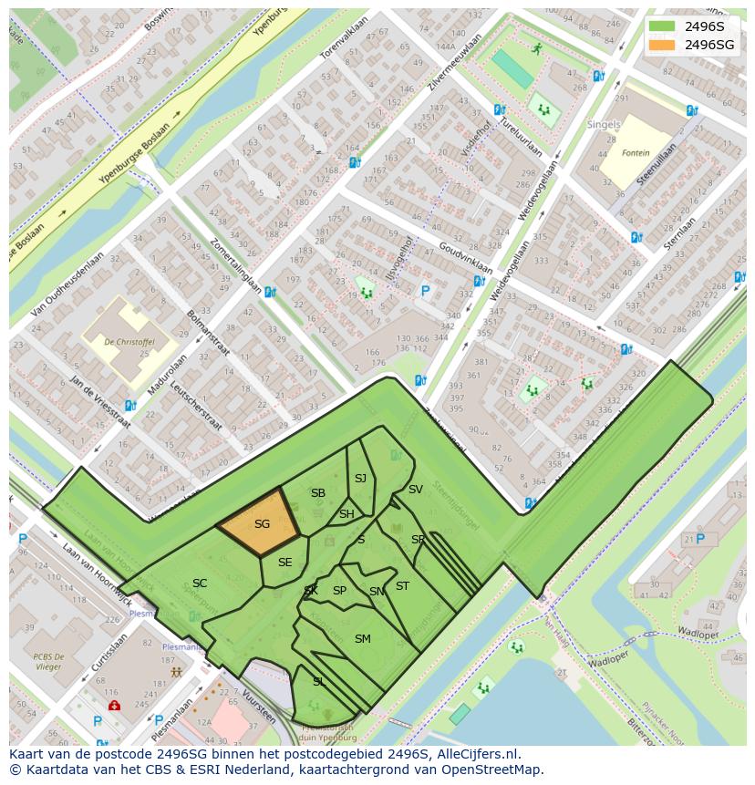 Afbeelding van het postcodegebied 2496 SG op de kaart.