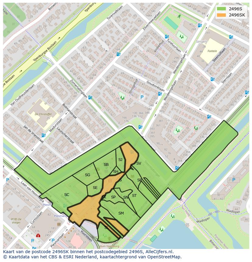 Afbeelding van het postcodegebied 2496 SK op de kaart.