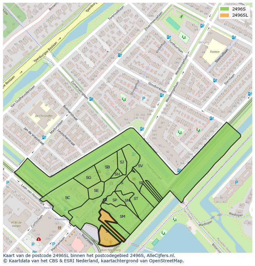 Afbeelding van het postcodegebied 2496 SL op de kaart.