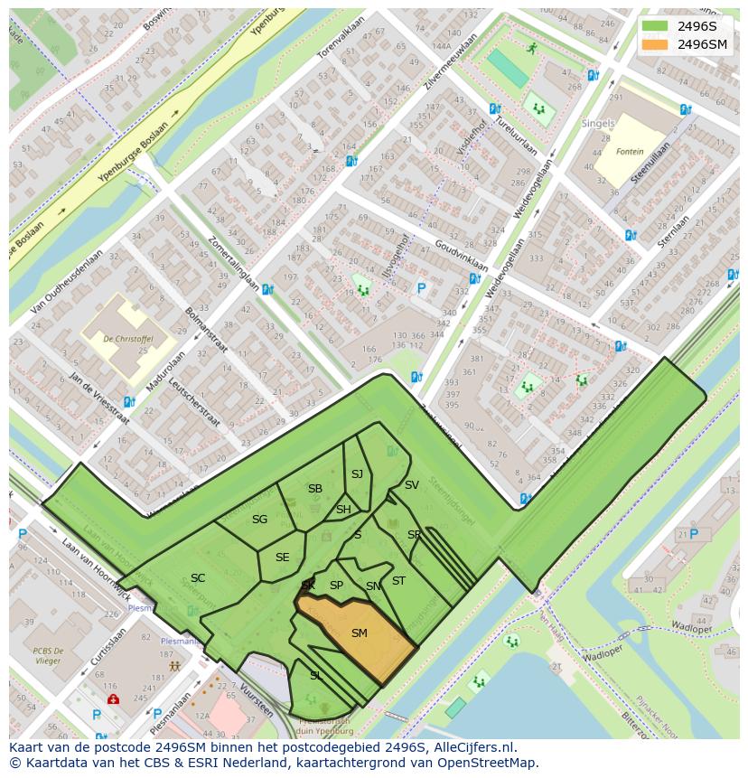 Afbeelding van het postcodegebied 2496 SM op de kaart.