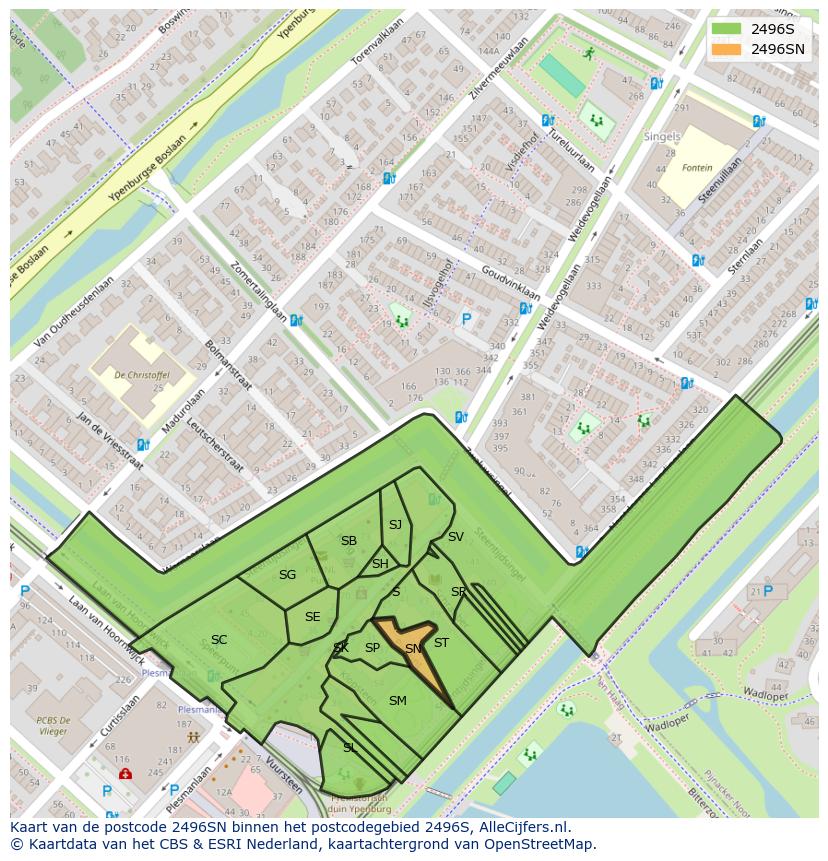 Afbeelding van het postcodegebied 2496 SN op de kaart.
