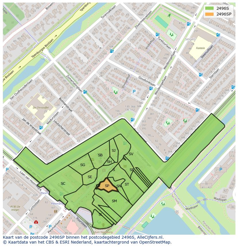 Afbeelding van het postcodegebied 2496 SP op de kaart.