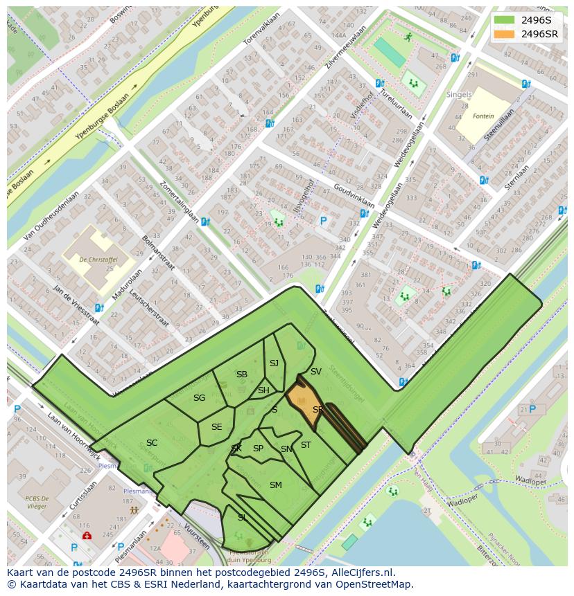 Afbeelding van het postcodegebied 2496 SR op de kaart.