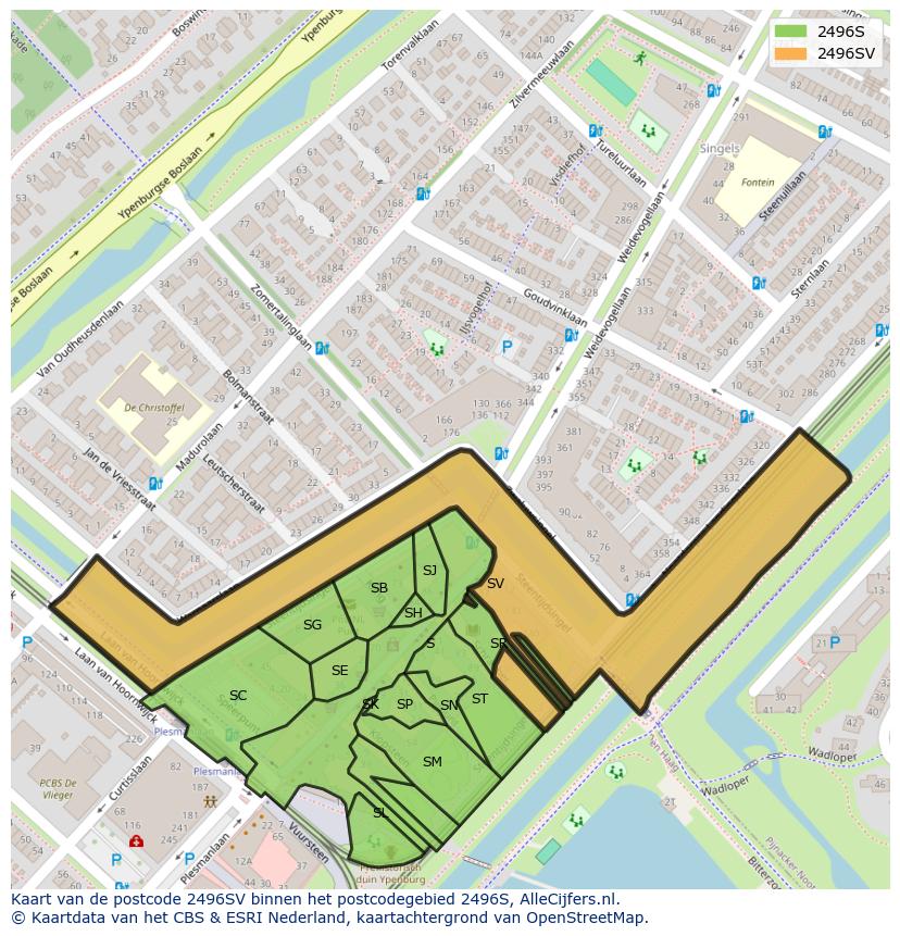 Afbeelding van het postcodegebied 2496 SV op de kaart.