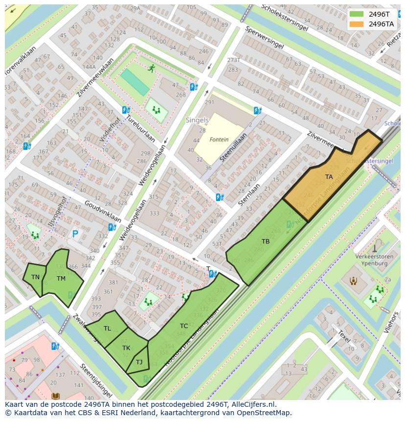 Afbeelding van het postcodegebied 2496 TA op de kaart.