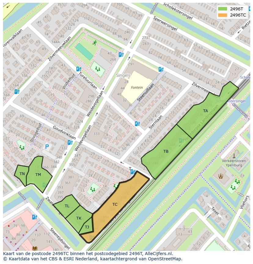Afbeelding van het postcodegebied 2496 TC op de kaart.