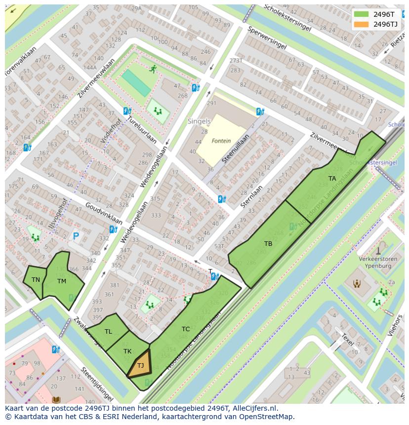 Afbeelding van het postcodegebied 2496 TJ op de kaart.