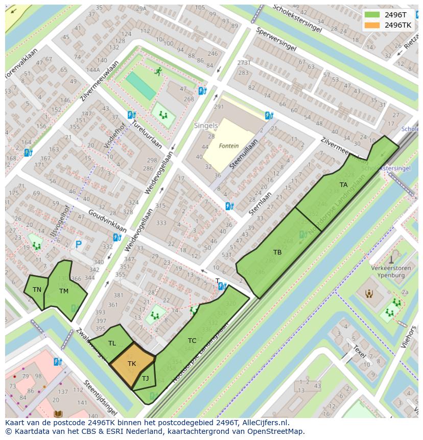 Afbeelding van het postcodegebied 2496 TK op de kaart.