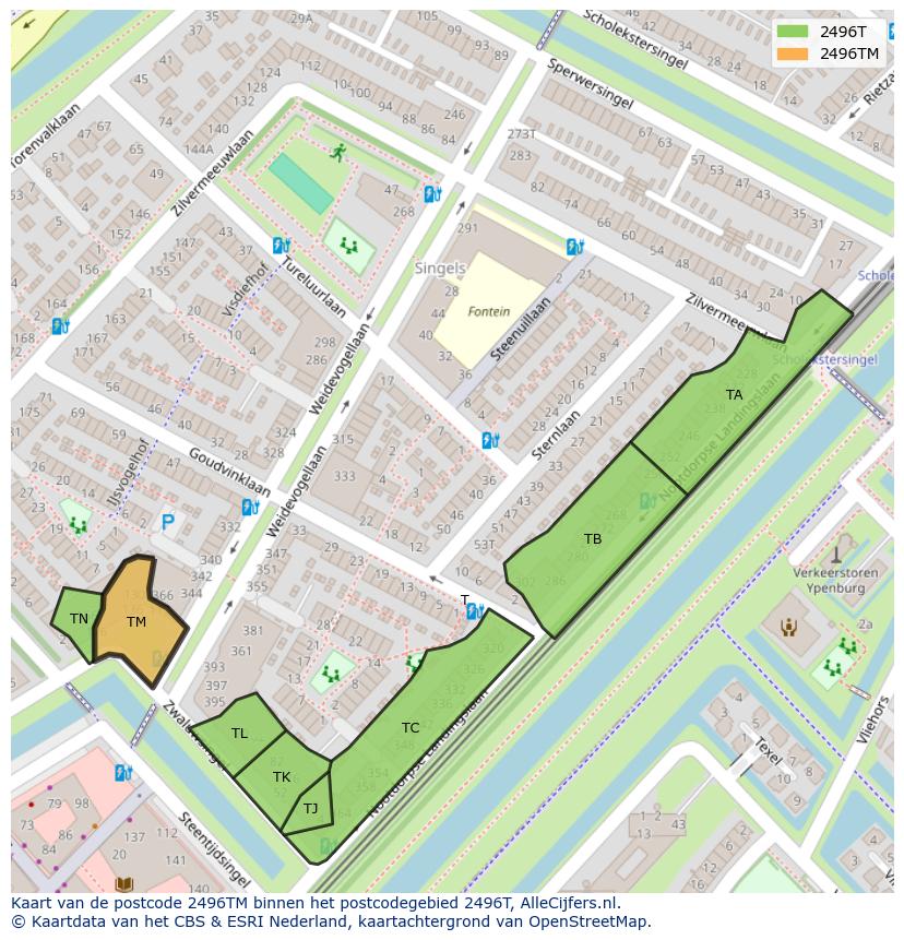 Afbeelding van het postcodegebied 2496 TM op de kaart.