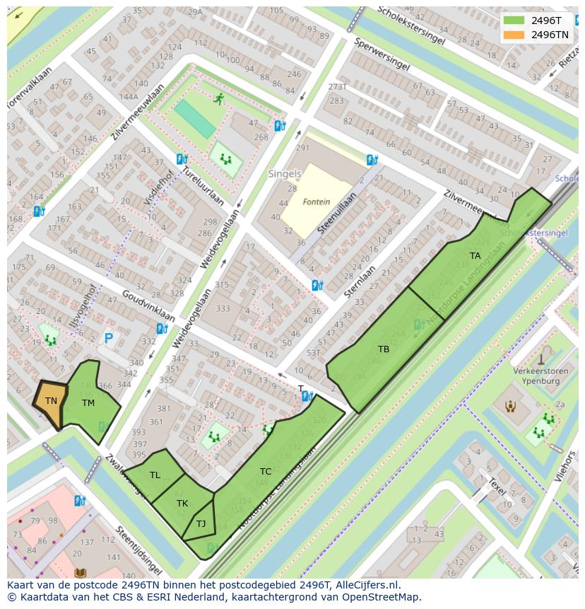 Afbeelding van het postcodegebied 2496 TN op de kaart.