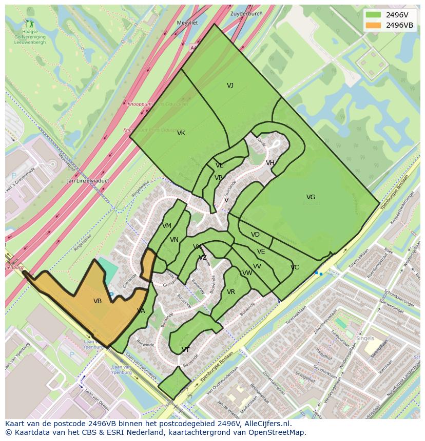 Afbeelding van het postcodegebied 2496 VB op de kaart.