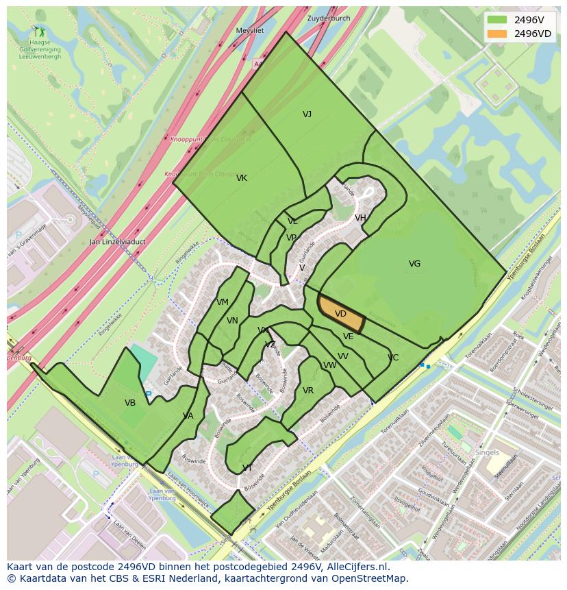 Afbeelding van het postcodegebied 2496 VD op de kaart.