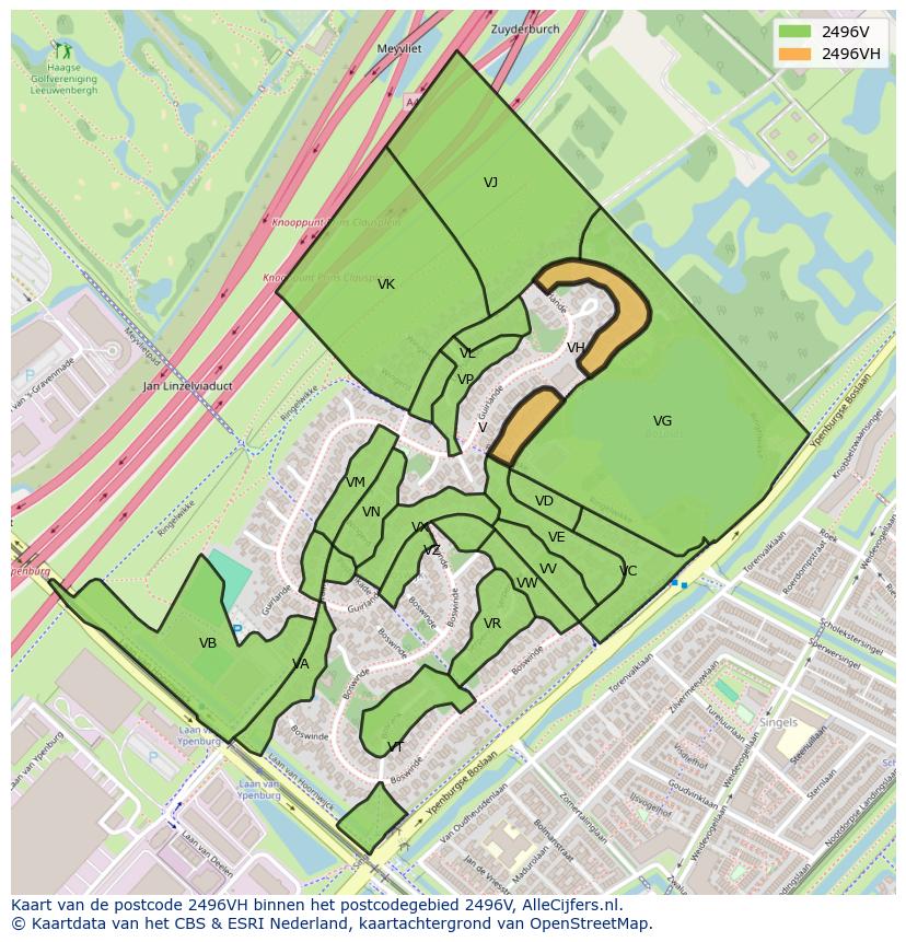 Afbeelding van het postcodegebied 2496 VH op de kaart.